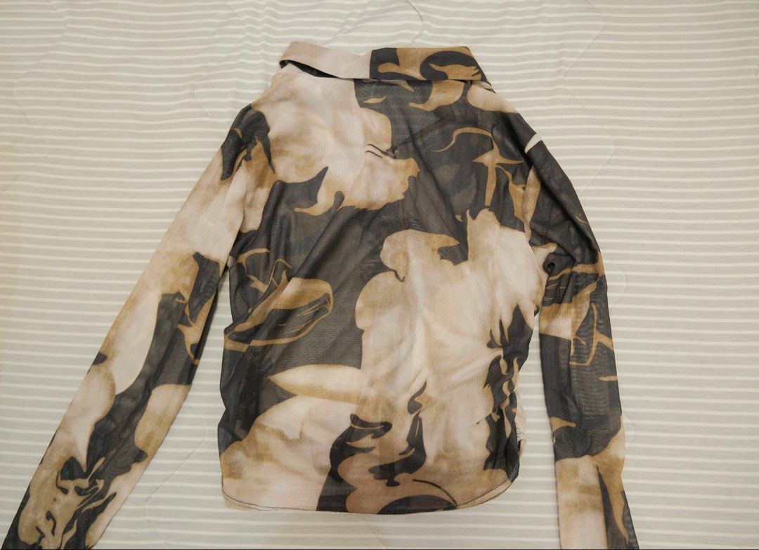 Sheer Mesh Button-Up Shirt with Abstract Print (Category: Longsleeves) located in Paranaque City. Submitted by marasellz (Listing ID 1464412310, Image 3). Description: ⭐️ Sheer mesh long-sleeve shirt ⭐️ Abstract print in green and black ⭐️ Bought from a flea market in Melbourne, AU.