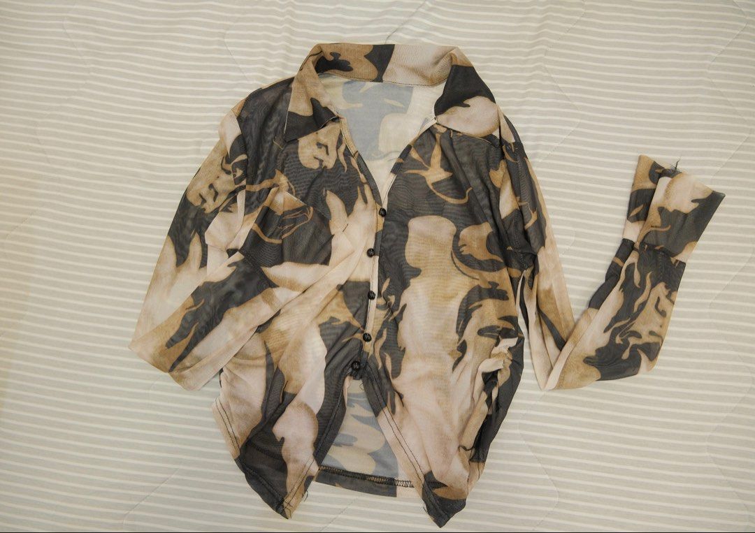 Sheer Mesh Button-Up Shirt with Abstract Print (Category: Longsleeves) located in Paranaque City. Submitted by marasellz (Listing ID 1464412310, Image 1). Description: ⭐️ Sheer mesh long-sleeve shirt ⭐️ Abstract print in green and black ⭐️ Bought from a flea market in Melbourne, AU.