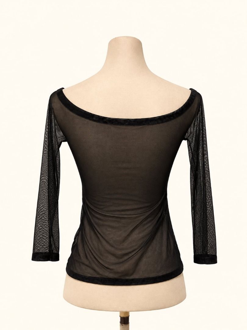 Sheer Noir Top | Black (Category: Others Tops) located in Angeles City. Submitted by thebeehivecloset (Listing ID 1464494479, Image 2). Description: Feminine sheer mesh top with an off-shoulder neckline, long sleeves, and subtle ruching detail. Perfect for layering or creating a chic night-out look. .