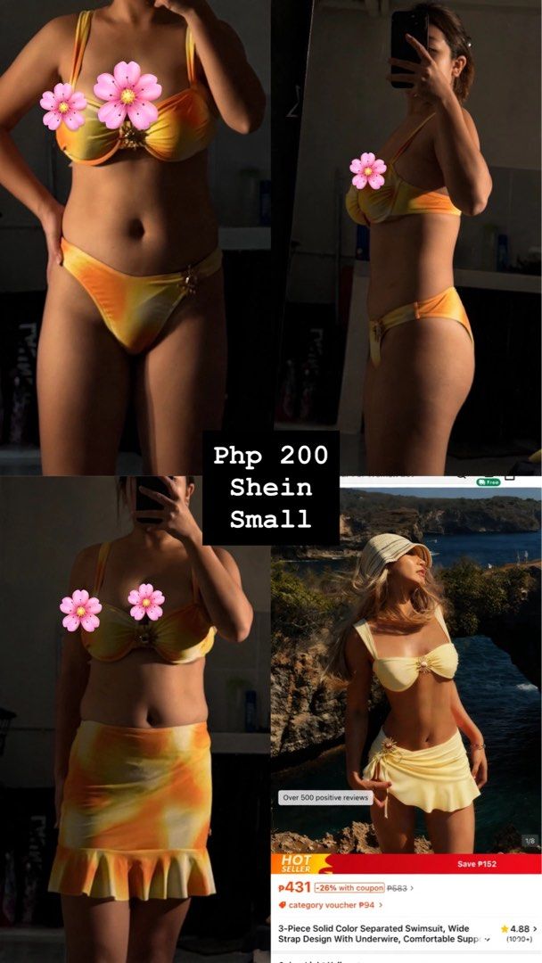 Shein 3-Piece Swimsuit Set - Small (Category: Bikinis & Swimsuits) located in Makati City. Submitted by mrnlsmrtnz (Listing ID 1464385895, Image 1). Description: Shein 3-piece tie-dye swimsuit (yellow/orange). Size S. Includes top, bottom, and skirt. Worn once. Perfect for beach/pool..