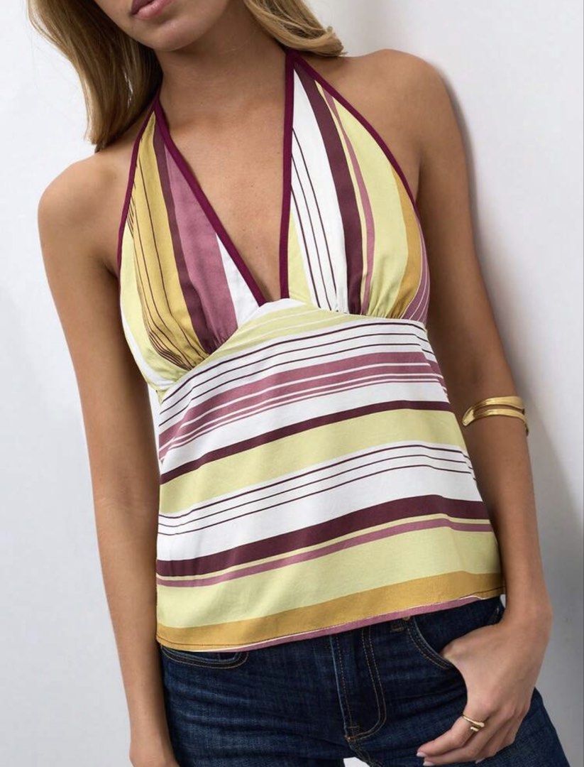 shein - colorful striped halter top (Category: Sleeveless) located in Manila. Submitted by vintagepiecelover (Listing ID 1464491334, Image 2). Description: - super cute! the colors are so trendy - u can easily dress this up or down - RFS: my bust area is too big for this 😭 - u can dm me for more pics / when worn - zara as a helping tag only .