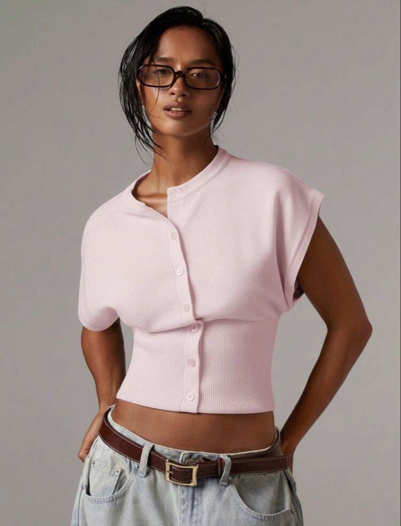 shein - pink button-up cap sleeve top (Category: Coats, Jackets and Outerwear) located in Manila. Submitted by vintagepiecelover (Listing ID 1464488890, Image 2). Description: - can fit s-m - RFS: not my style - fabric is knit. soft & thick! - bershka as a helping tag only :) - got this for ₱252 - dm if u want more pics / when worn .