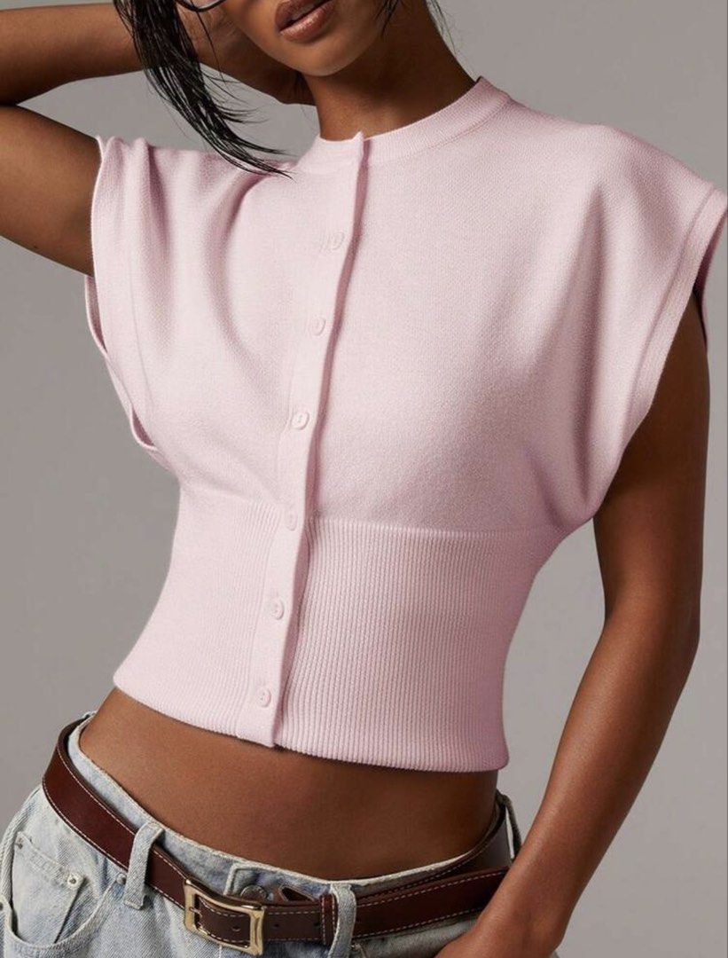 shein - pink button-up cap sleeve top (Category: Coats, Jackets and Outerwear) located in Manila. Submitted by vintagepiecelover (Listing ID 1464488890, Image 1). Description: - can fit s-m - RFS: not my style - fabric is knit. soft & thick! - bershka as a helping tag only :) - got this for ₱252 - dm if u want more pics / when worn .