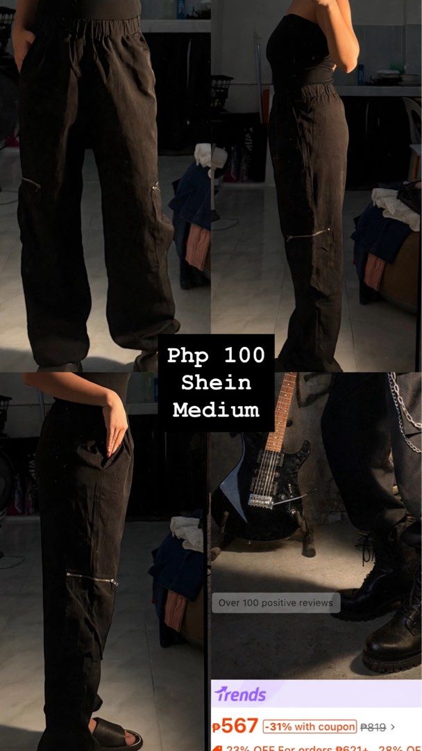 Shein Black Cargo Pants Medium (Category: Jeans) located in Makati City. Submitted by mrnlsmrtnz (Listing ID 1464385338, Image 1). Description: Comfy Shein black cargo pants, size M. Elastic waist, zipper leg details. Perfect for casual style. Php 100 only!.