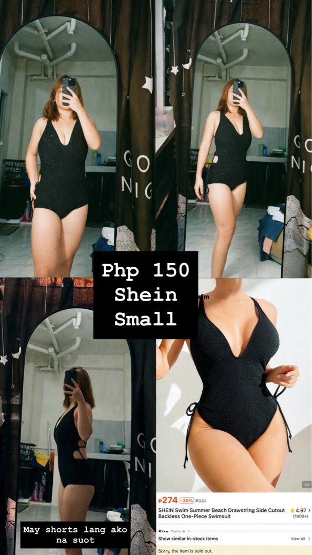 SHEIN Black Drawstring Side Cutout Backless One-Piece Swimsuit - Small (Category: Bikinis & Swimsuits) located in Makati City. Submitted by mrnlsmrtnz (Listing ID 1464382899, Image 1). Description: SHEIN black one-piece swimsuit, size S. Features a sexy drawstring side cutout and backless design. Perfect for beach or pool days!.
