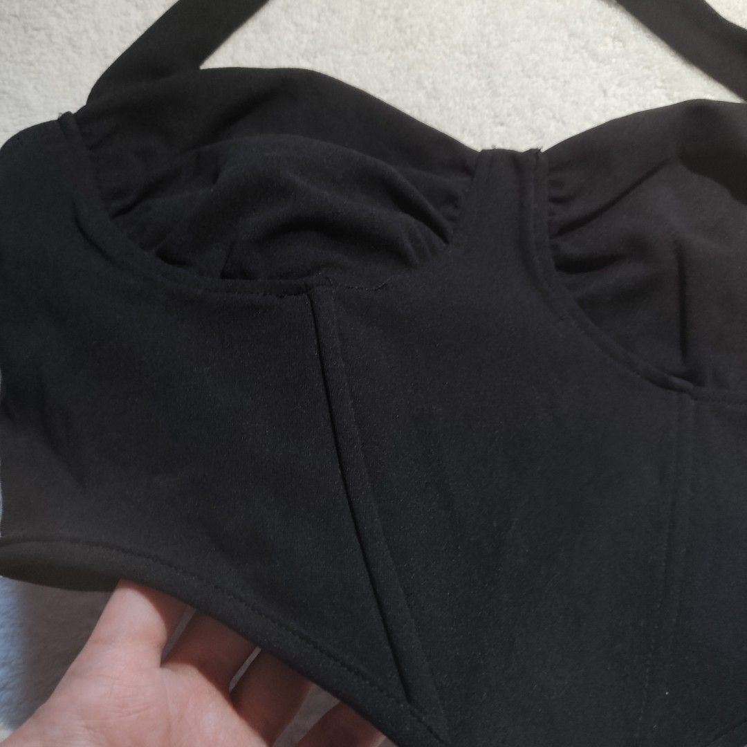 Shein Black V-Shaped Halter Top Corset (Category: Others Tops) located in Bacoor. Submitted by kmrynl (Listing ID 1464414923, Image 2). Description: Rfs: decluttering - no issue - not padded, no underwire - manage expectations; no ww - see last photos for measurements (in) MOP: BPI/Maribank only MOD: J&T/Lalamove.