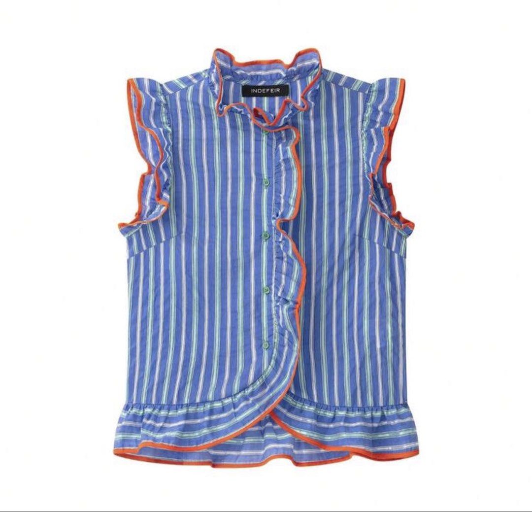 Shein Blue Striped Ruffle Sleeveless Blouse (Category: Sleeveless) located in Taguig. Submitted by beanutputter00 (Listing ID 1464405613, Image 1). Description: - INDEFIR blue striped sleeveless blouse - Features orange trim and ruffles on neckline, front, and hem - Button-up front - Versatile for pairing with shorts or jeans - Ideal for casual outings tags zara mango shein.