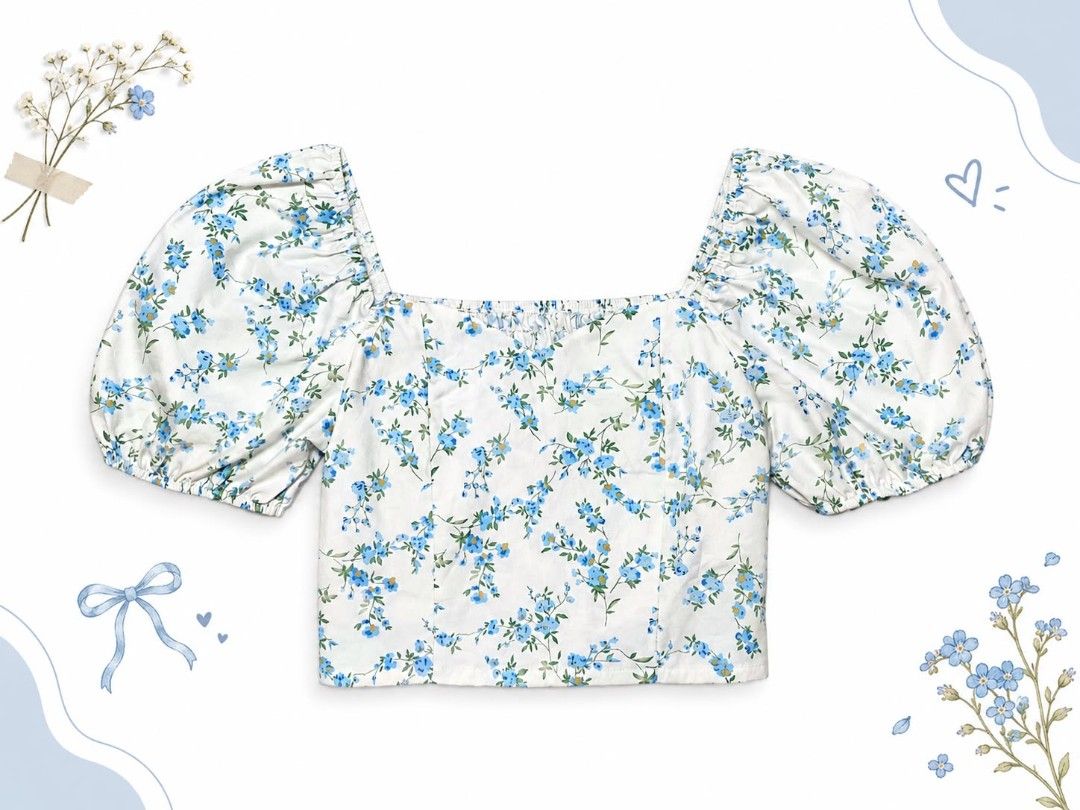 SHEIN Floral Puff Sleeve Square Neck Top (Category: Blouses) located in Manila. Submitted by thamie_123 (Listing ID 1464393364, Image 1). Description: Cute white top with blue floral print. Features puff sleeves and a square neckline. Great for a casual day out or a picnic. Easy to pair with jeans or skirts. Soft fabric for comfort..