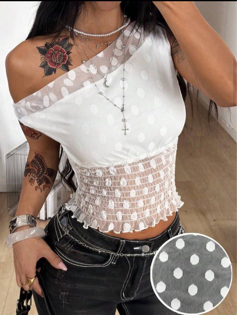 SHEIN Off-The-Shoulder Polka Dot Mesh Top (Category: Others Tops) located in Davao. Submitted by charmisokay (Listing ID 1464550837, Image 1). Description: On Shein for 378 SIZE XS.