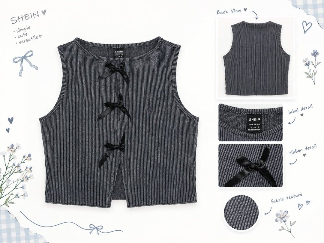 SHEIN Ribbed Tank Top with Bows - Size S (Category: Sleeveless) located in Manila. Submitted by thamie_123 (Listing ID 1464393401, Image 1). Description: - Cute grey ribbed tank top from SHEIN - Features three black ribbon bows down the front - Sleeveless design - Split hem - Fabric has a subtle shimmer - Ideal for casual and cute outfits - Easy to pair with jeans or skirts.
