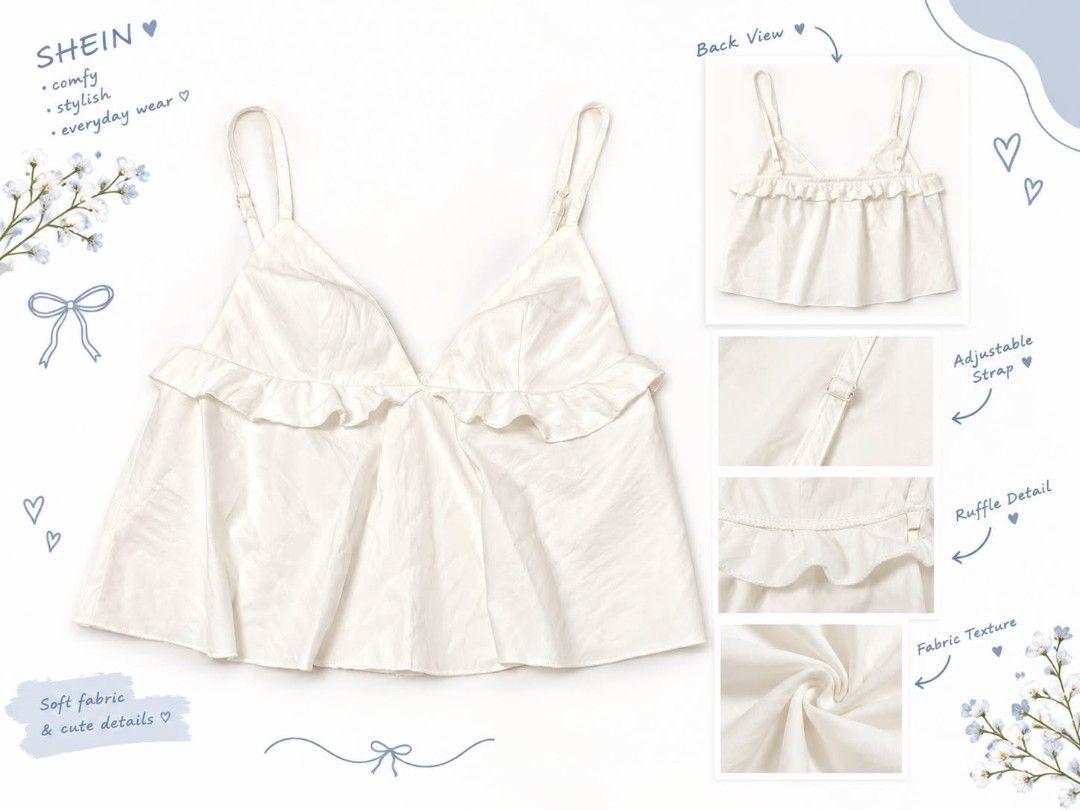 SHEIN White Ruffle Cami Top - Comfy & Stylish (Category: Sleeveless) located in Manila. Submitted by thamie_123 (Listing ID 1464393389, Image 1). Description: - Cute white cami top from SHEIN - Comfy and stylish for everyday wear - Features adjustable straps - Lovely ruffle detail along the neckline - Soft and comfortable fabric - Easy to pair with any outfit for a casual look.