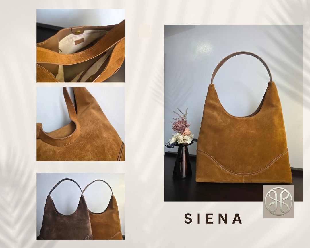 SIENA SUEDE HOBO LEATHER BAG (Category: Shoulder Bags) located in Manila. Submitted by thehushed_studio (Listing ID 1464447817, Image 1). Description: Designed with a slouchy hobo silhouette and subtle curved stitching, this new minimalist suede shoulder bag elevates your everyday style.Generously sized to fit all your daily essentials—phone, wallet, makeup pouch, water bottle, and small tablet. Colors: Warm Tan, Espresso Dark brown Material: Cow