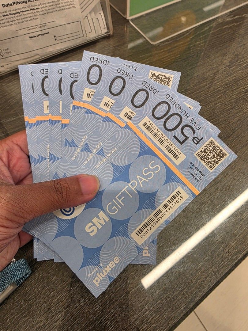 SM Gift Pass 500 Pesos Gift Certificates (Category: Vouchers) located in Manila. Submitted by rndlblmnt (Listing ID 1464437676, Image 1). Description: - SM Gift Pass worth 500 pesos each (worth 10k) - Perfect for gifts or personal shopping - Valid for single use only - Please check the image for the date issued - Feel free to message me if you have any questions Can do meetup or delivery via lalamove and.other courier.