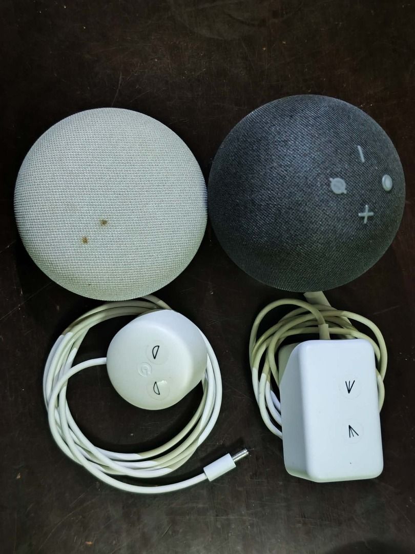 SMART HOME DEVICES (Category: Entertainment Systems & Smart Home Devices) located in Caloocan City. Submitted by majollibeeeee (Listing ID 1464444887, Image 2). Description: GOOGLE NEST MINI 2ND GEN - MODEL H2C - ₱2000 Chalk/Light Gray. Comes with original power adapter. 100% working condition. Minor fabric stain. AMAZON ECHO DOT - MODEL B7W64E - ₱2,000 Charcoal/Black. Spherical 4th Gen model with original charger. Pristine audio, no physical def