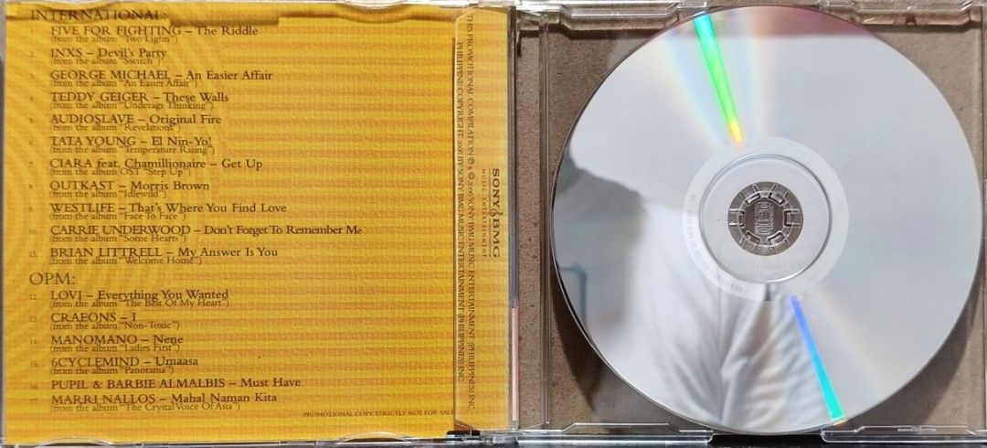 Sony BMG Sampler 2006 Volume 07 CD (Category: CDs & DVDs) located in Manila. Submitted by ruelcabrer77078 (Listing ID 1464555734, Image 2). Description: - 2006 Sony BMG Music Entertainment Sampler Volume 07 - Features a mix of international and OPM (Original Pilipino Music) hits - Includes tracks from popular artists such as Five For Fighting, INXS, George Michael, Teddy Geiger, Audiostlave, Tata Young, Ciara, Outkast, Westlife, Carrie Underwood,