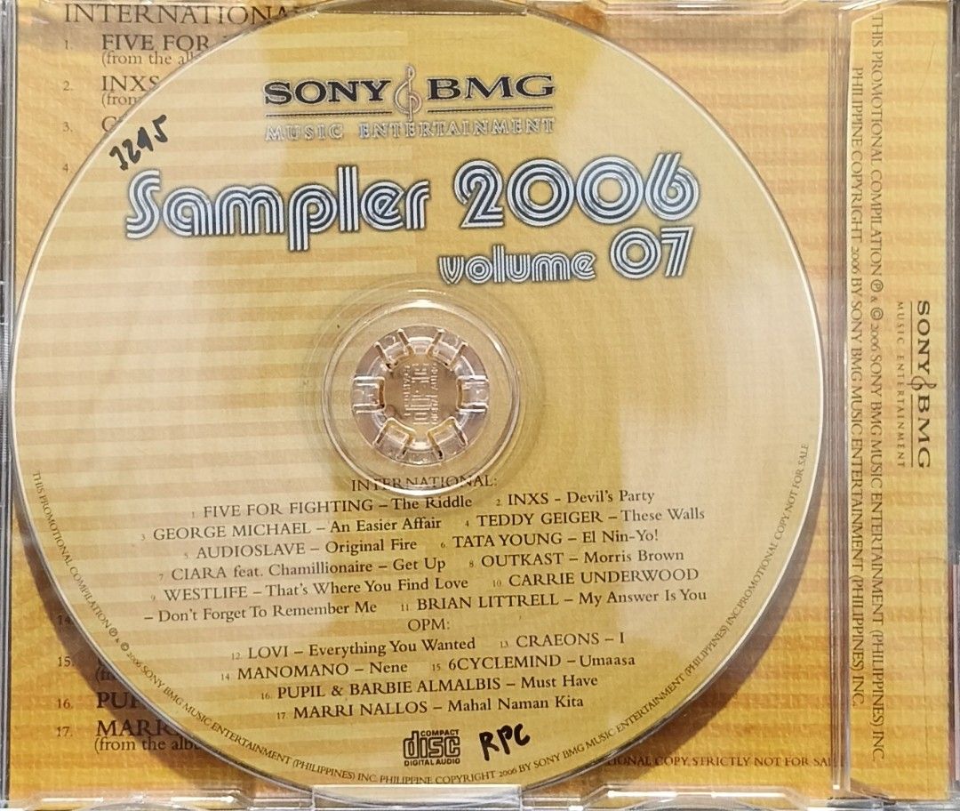 Sony BMG Sampler 2006 Volume 07 CD (Category: CDs & DVDs) located in Manila. Submitted by ruelcabrer77078 (Listing ID 1464555734, Image 3). Description: - 2006 Sony BMG Music Entertainment Sampler Volume 07 - Features a mix of international and OPM (Original Pilipino Music) hits - Includes tracks from popular artists such as Five For Fighting, INXS, George Michael, Teddy Geiger, Audiostlave, Tata Young, Ciara, Outkast, Westlife, Carrie Underwood,