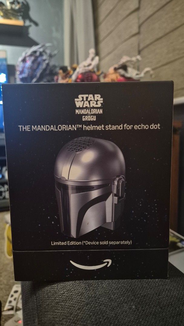 Star Wars The Mandalorian Helmet Stand for Echo Dot (Category: Western Merchandise) located in Muntinlupa City. Submitted by lazoftoys (Listing ID 1464454423, Image 1). Description: - Limited edition Echo Dot stand - Themed after The Mandalorian and Grogu - Stylish display for your device - Echo Dot sold separately - Perfect for Star Wars fans.
