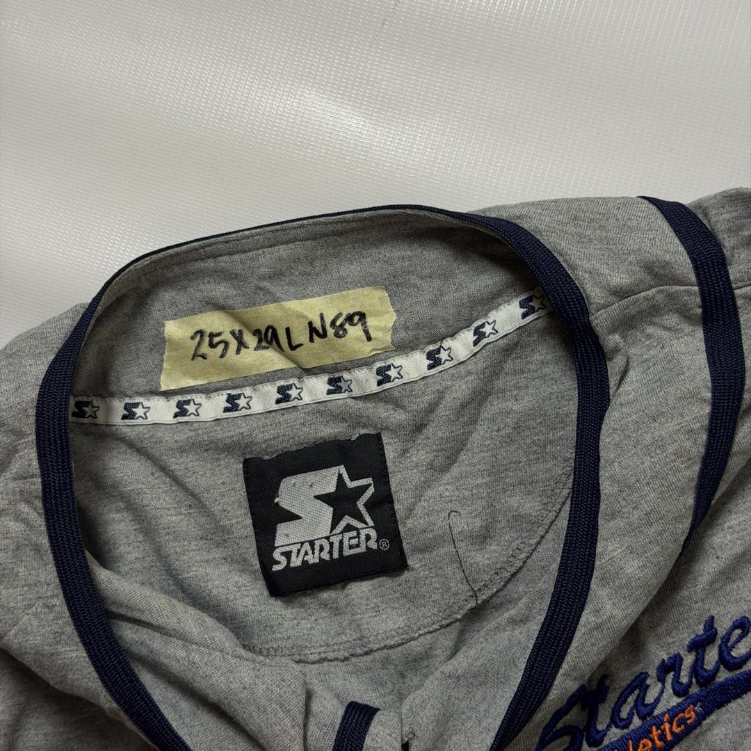 Starter Athletics Grey Baseball Jersey (Category: Activewear) located in Manila. Submitted by johnedel_james (Listing ID 1464543289, Image 3). Description: - Starter Athletics baseball jersey - Color: Grey with navy trim - Style: Button-up front - Features: Embroidered Starter logo on chest and sleeve, side mesh paneling - Size: 2XL.