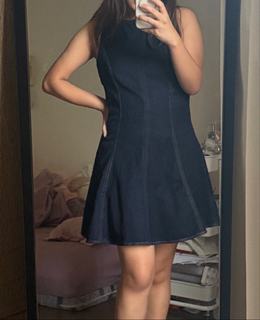 Stradivarius Mini Denim Dress (Category: Dresses) located in Borongan. Submitted by loupreloveddd (Listing ID 1464361458, Image 3). Description: - very thick denim quality - used twice only - size L on tag, but runs a bit small since it isnt stretch - can fit 27-29 inches waistline - not too short for a 5’2 like me .