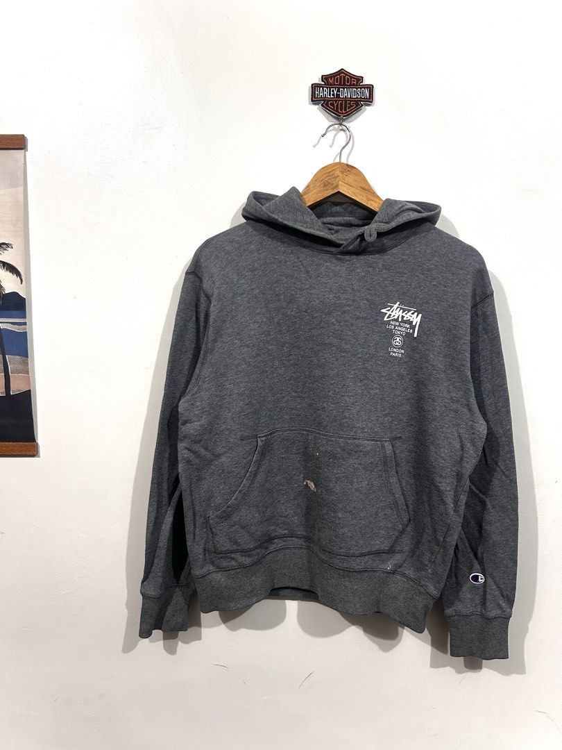 Stussy x champion (Category: Coats, Jackets and Outerwear) located in Cebu City. Submitted by thrift_grail (Listing ID 1464564113, Image 1). Description: Stussy x champion Excellent condition Issue: missing button sa hood part, bleach stain Size M on tag 22.5w 25L 9.5/10 color rate.