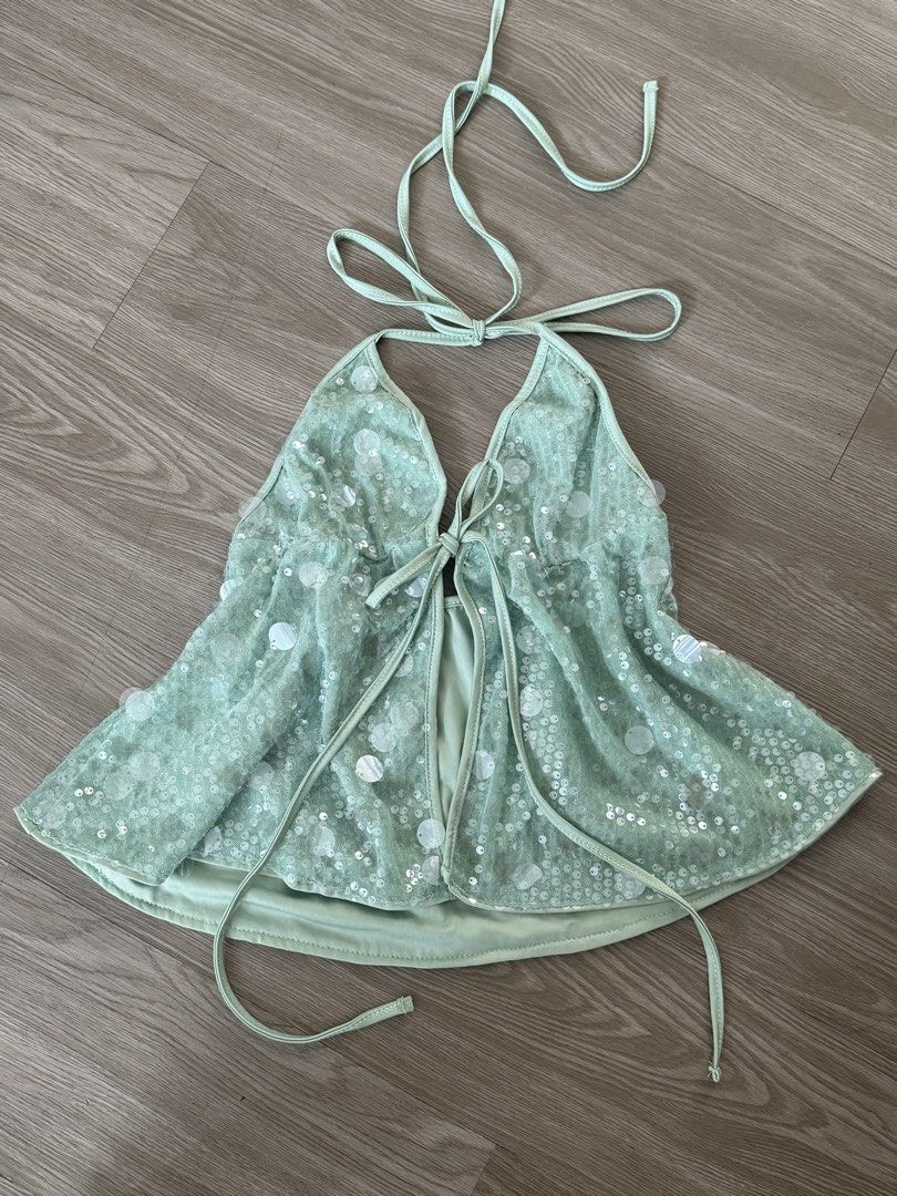 Summer backless, front-tie top with sequins (Category: Others Tops) located in Pasig City. Submitted by pearltobielle (Listing ID 1464359566, Image 1). Description: Bought at STP. Worn once during pride march. No issues.