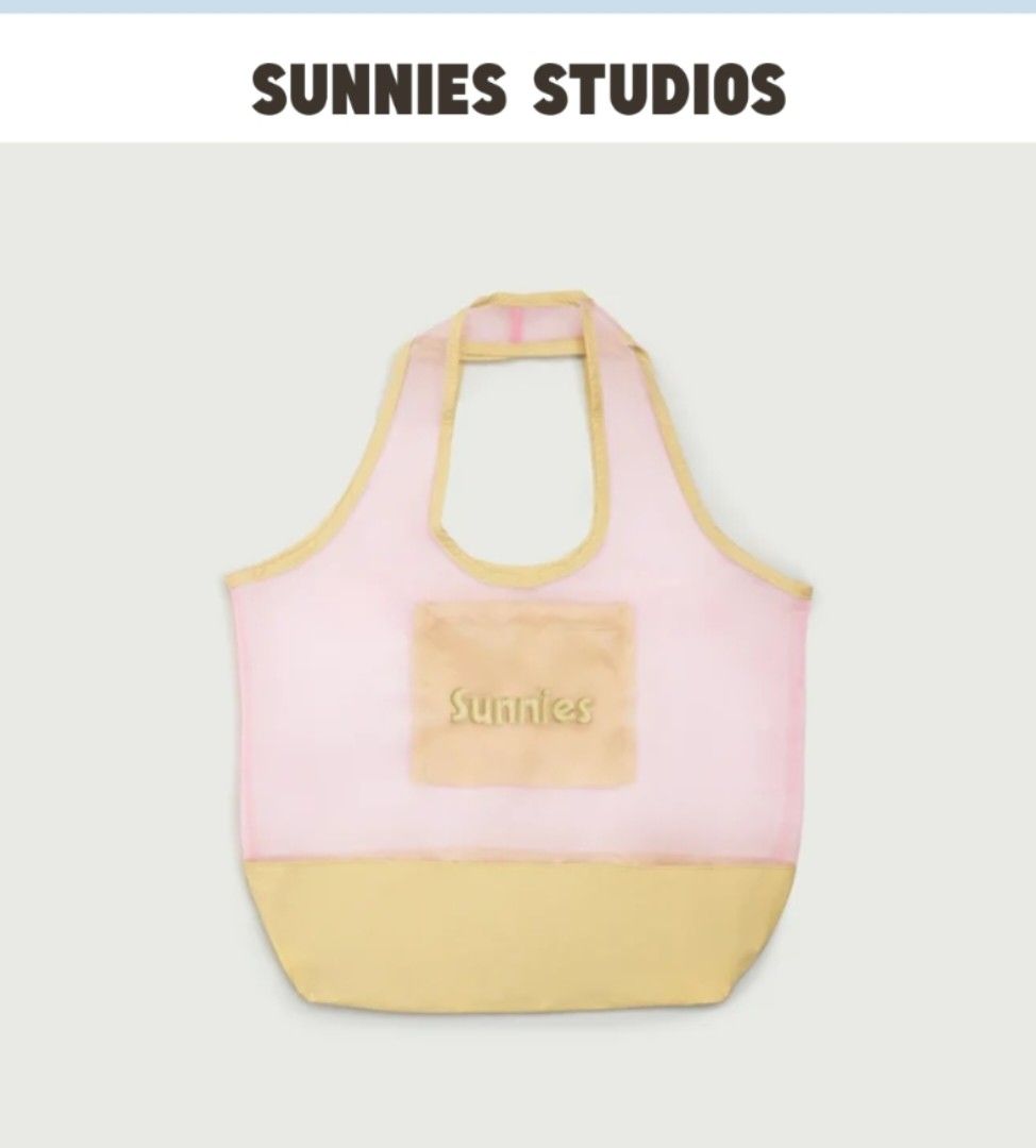 Sunnies Studios Mesh Tote Bag (Category: Tote Bags) located in Malabon City. Submitted by kwin.shinshin (Listing ID 1464421806, Image 1). Description: Hi, I'm looking for this item. Baka nagbebenta kayo, bibilhin ko po 🥹🤍 - Pink mesh tote bag - Yellow trim and base - Front pocket with 'Sunnies' logo - Ideal for everyday use or beach trips - Lightweight and stylish design.