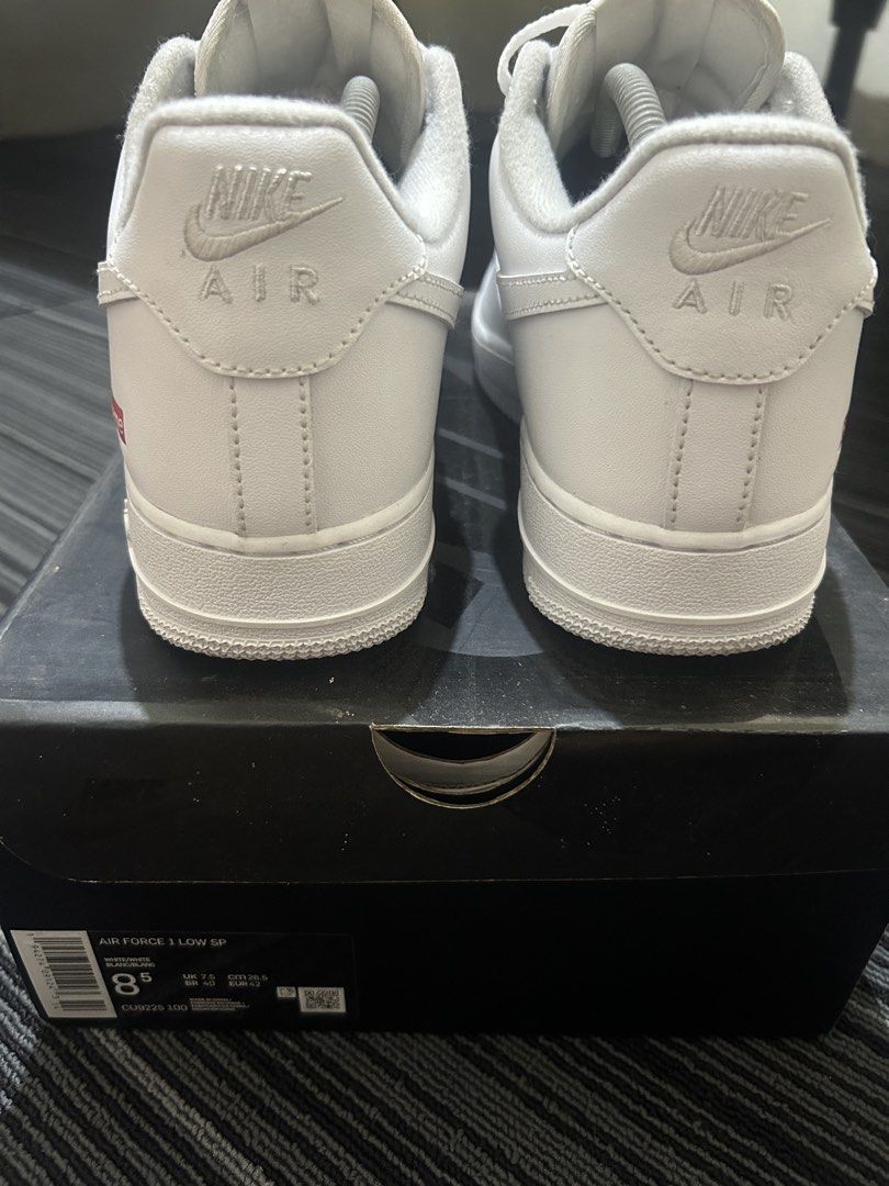 Supreme x Nike Air Force 1 Low SP White (Category: Sneakers) located in Muntinlupa City. Submitted by yellafella03501 (Listing ID 1464415132, Image 2). Description: - Supreme x Nike Air Force 1 Low SP - Color: White - Size: 8.5 US - Includes original box - Iconic Air Force 1 silhouette with unique Supreme branding - Perfect addition to any sneaker collection.