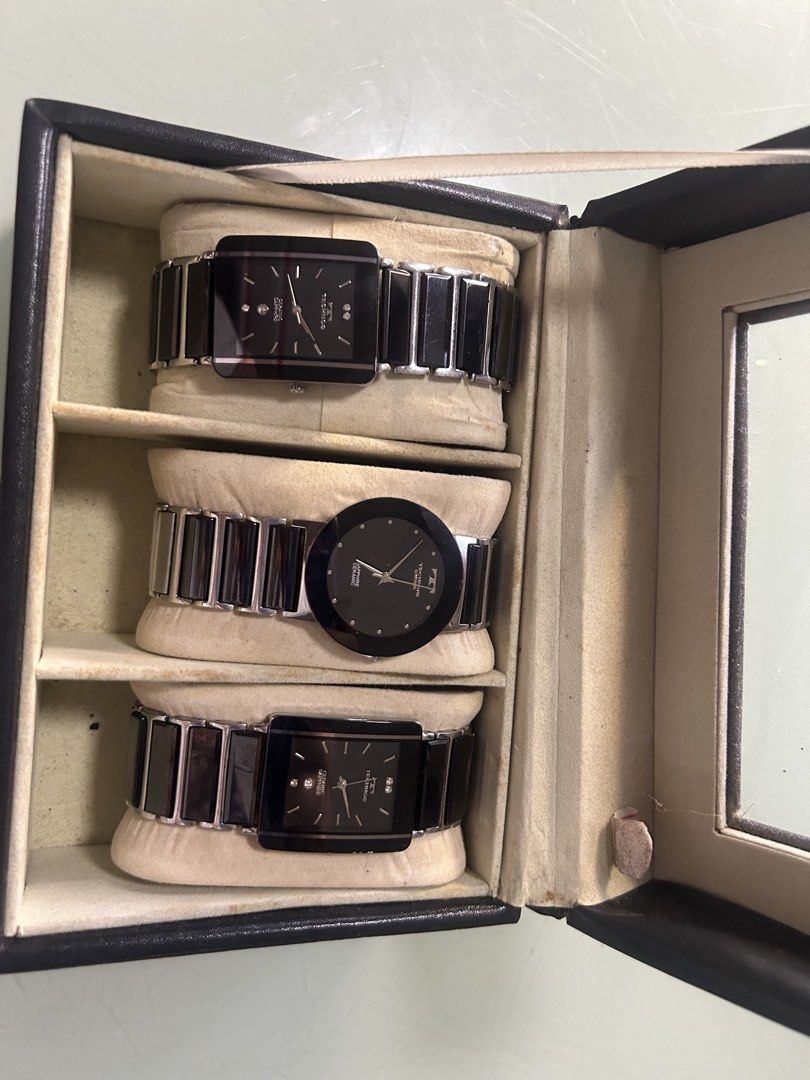 TECHNO-COM Watch - Stainless Steel, Sapphire Crystal (Category: Women's Watches) located in Cavite. Submitted by mamamia73 (Listing ID 1464442135, Image 1). Description: - TECHNO-COM watches - Includes 2 rectangular face watches and 1 round face watch - All feature stainless steel bands and black faces - Durable construction: 'STAINLESS STEEL', 'SAPPHIRE CRYSTAL' - Practicality: 'WATER RESISTANT 3 BAR' - Secure fold-over clasp - Presented in a st