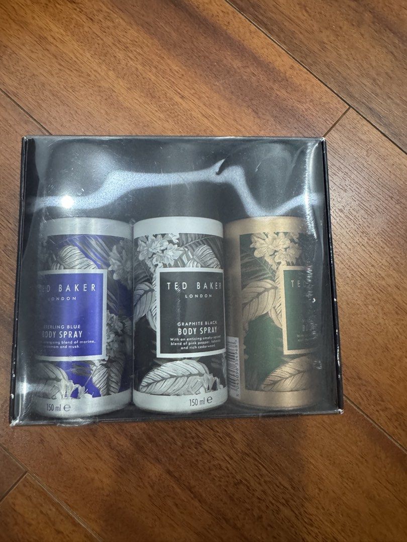 Ted Baker London Body Spray Gift Set (Category: Fragrance & Deodorants) located in Makati City. Submitted by brandeditems4sale (Listing ID 1464449102, Image 1). Description: - Ted Baker London Gift Set - Includes 3 x 150ml Body Sprays - Scents: Sterling Blue, Graphite Black, Gold - Comes in original packaging - Ideal for gifting or personal use.