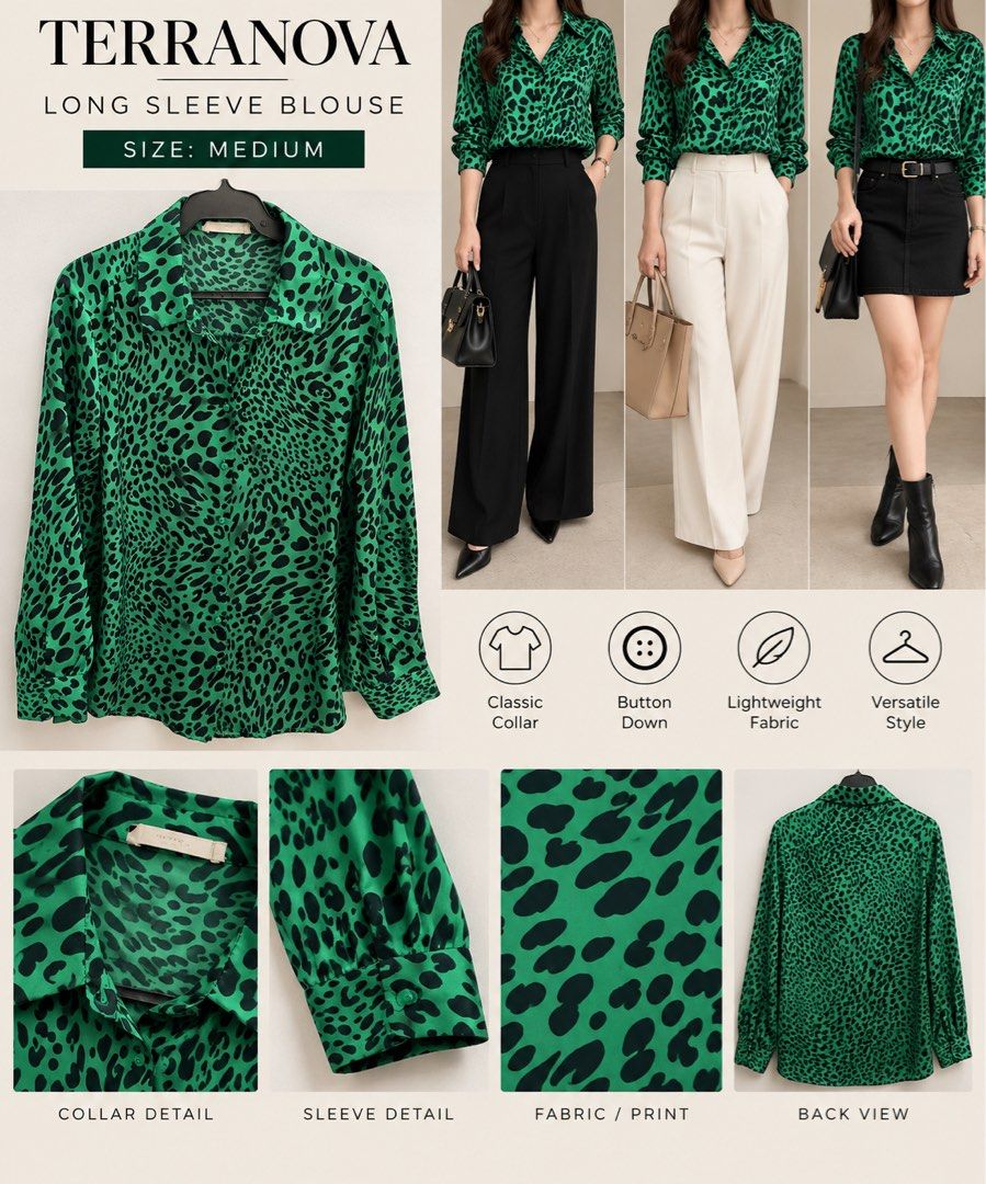 Terranova Green Leopard Print Long Sleeve Button Down Blouse Medium (Category: Longsleeves) located in Pateros City. Submitted by mommypyong (Listing ID 1464357654, Image 1). Description: - Terranova long sleeve blouse - Size: Medium - Features: Classic collar, button-down front - Fabric: Lightweight and versatile - Style: Great for dressing up or down - Details: Check photos for collar, sleeve, and fabric close-ups. Back view also included..