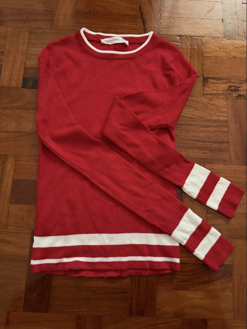 Terranova Red Striped Long Sleeve Sweater (Category: Longsleeves) located in Paranaque City. Submitted by ferrewr (Listing ID 1464409430, Image 1). Description: - Cozy red sweater - White stripes on sleeves and hem - Classic crew neck - Long sleeves - Ribbed knit texture - Ideal for casual wear.