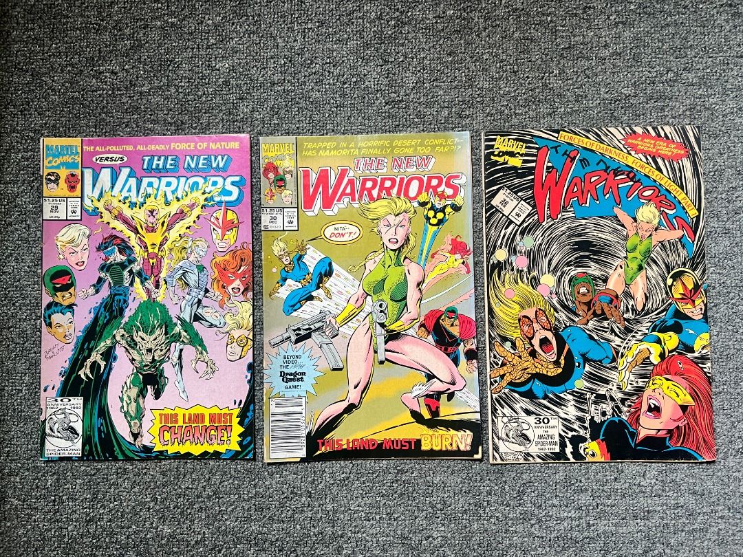 The New Warriors #29, #30, & #32 (1992-1993) 90s Marvel Bundle (Category: Comics & Manga) located in Cebu City. Submitted by tothephatcave (Listing ID 1464486589, Image 1). Description: Classic 90s Marvel action! This is a 3-book bundle of The New Warriors (#29, #30, and #32). These feature classic 90s storytelling, including early art by Spider-Man legend Mark Bagley on issue #32. All three are Newsstand Editions. The back covers are packed with