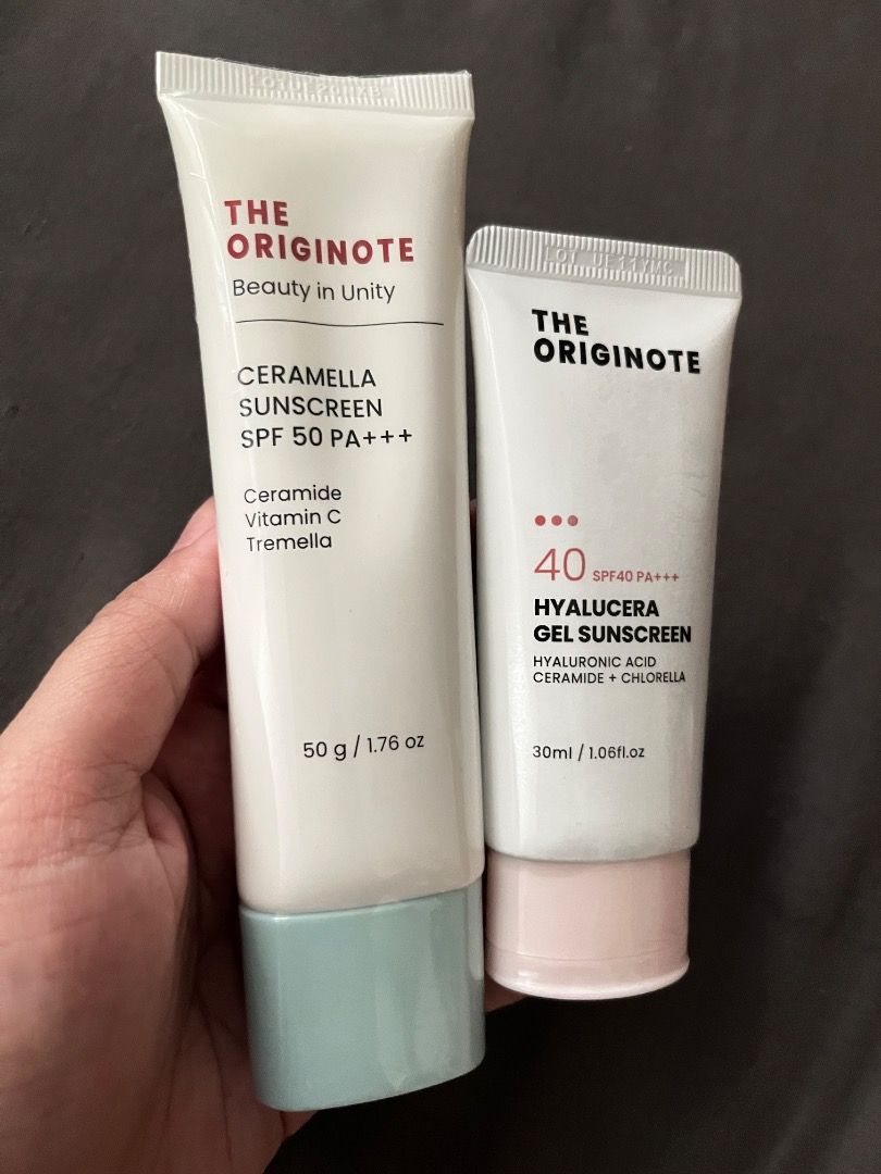 The Originote Sunscreen Set - SPF 50 & SPF 40 (Category: Face Care) located in Muntinlupa City. Submitted by iamven14 (Listing ID 1464368170, Image 2). Description: - The Originote Ceramella Sunscreen SPF 50 PA+++ (50g) - Contains Ceramide, Vitamin C, and Tremella - The Originote Hyalucera Gel Sunscreen SPF 40 PA+++ (30ml) - Contains Hyaluronic Acid, Ceramide, and Chlorella - Perfect for your daily sun protection needs!.