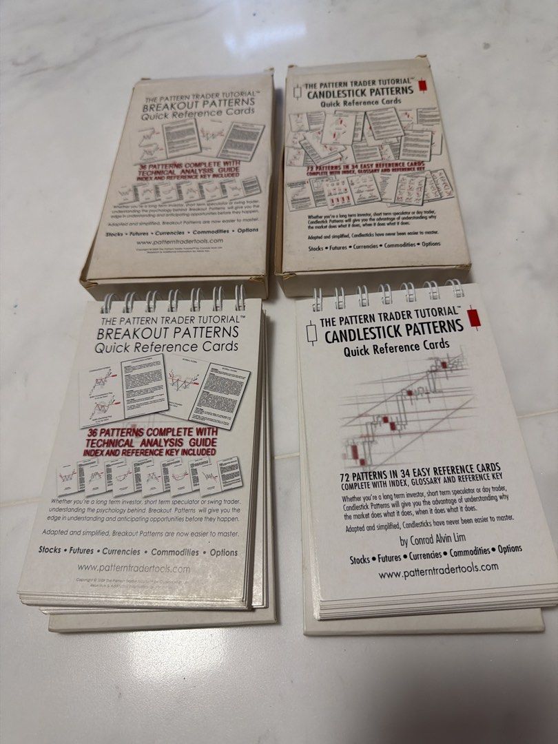 The Pattern Trader Tutorial Breakout & Candlestick Patterns Quick Reference Cards (Category: Assessment Books) located in Singapore. Submitted by walkingwithfortune (Listing ID 1464458902, Image 1). Description: - Selling 2 sets of The Pattern Trader Tutorial Quick Reference Cards. - Set 1: Breakout Patterns (36 patterns + technical analysis guide). - Set 2: Candlestick Patterns (72 patterns + index, glossary, reference key). - Ideal for learning