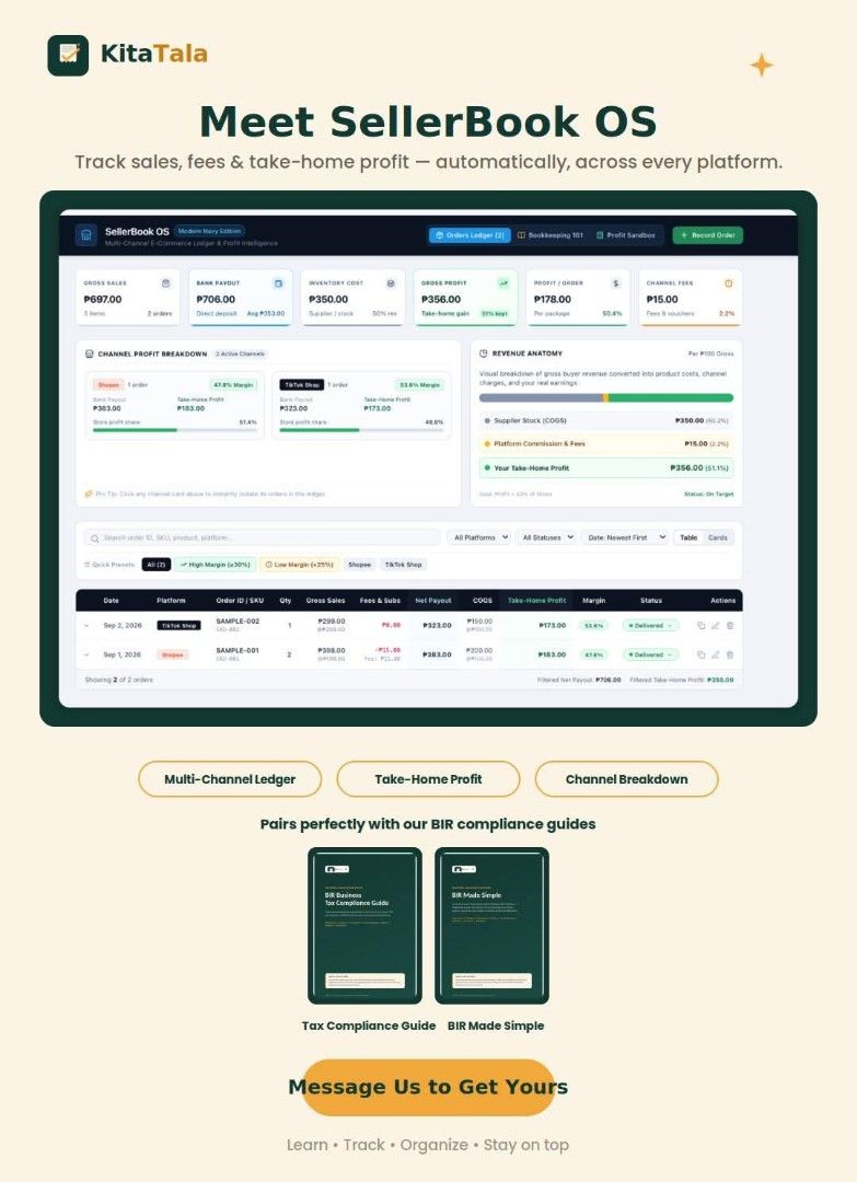 The Smart Bookkeeping Kit by KitaTala PH - Digital copies only (Category: Admin, Finance, Legal) located in San Jose del Monte. Submitted by segundamanongpahina (Listing ID 1464462692, Image 2). Description: 📚 Still doing your bookkeeping manually? There’s an easier way to keep your books organized and stay on top of BIR requirements. The Problem Manual bookkeeping can mean: ❌ Endless spreadsheets ❌ Missing or incomplete records ❌ Time-consuming