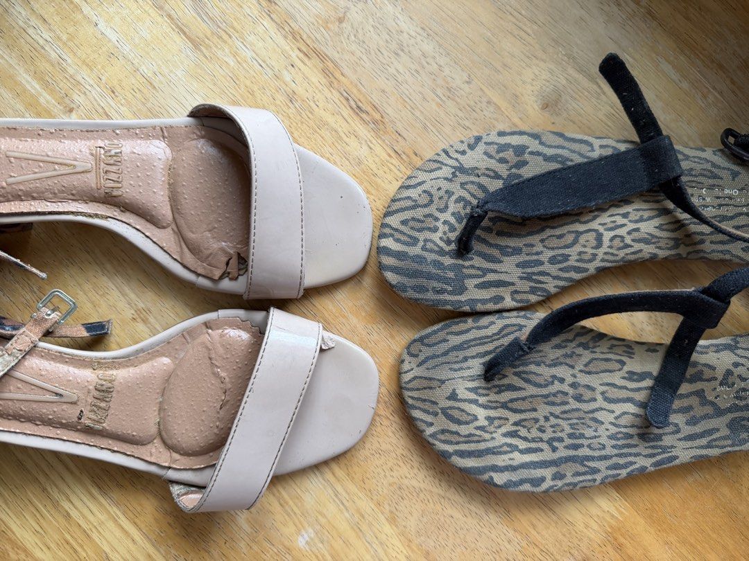 TOMS Leopard Print & Vizzano Beige Sandals (Category: Flats & Sandals) located in Quezon City. Submitted by theblessedmars (Listing ID 1464375477, Image 1). Description: - Two pairs of sandals, both size 5.5 - Pair 1: TOMS leopard print sandals - Pair 2: Vizzano beige sandals with leopard print ankle strap - Vizzano heels have visible wear and tear (please check photos for details).