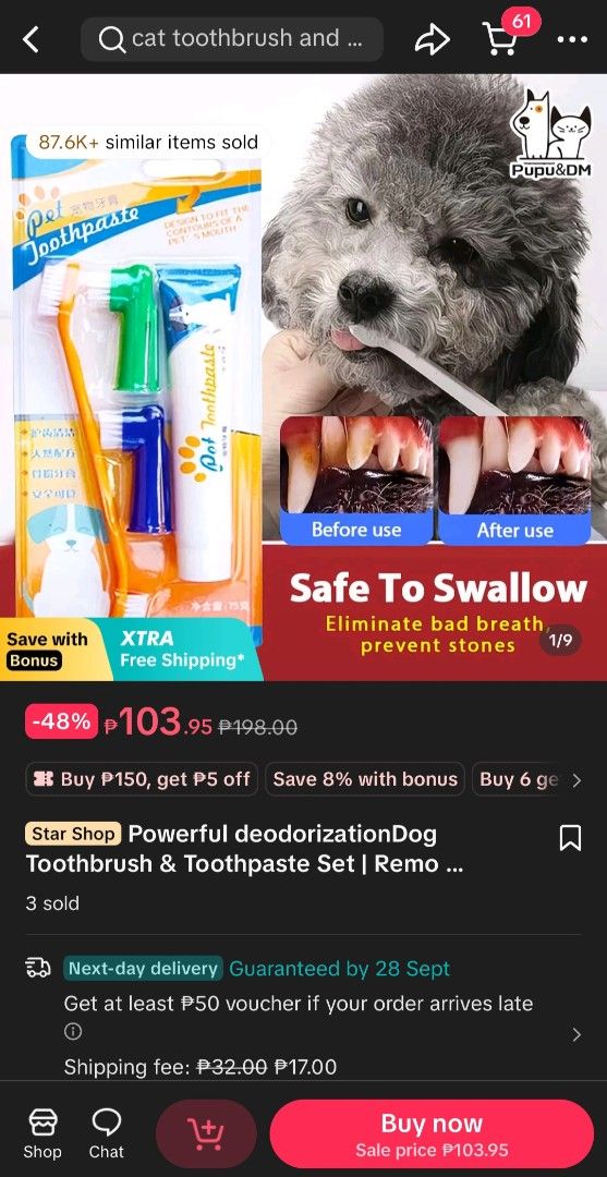 Toothpaste & Toothbrush Set for Dogs/Cats (Category: Health & Grooming) located in Manila. Submitted by wise.valix (Listing ID 1464411353, Image 2). Description: Toothbrush & Toothpaste Set for Dogs/Cats - Complete pet dental care set: toothpaste and toothbrush included. - Toothbrush designed for pet's mouth contours. - Helps eliminate bad breath. - Prevents tartar and stones. - Promotes excellent oral hygiene for your pet. Never been opened or u