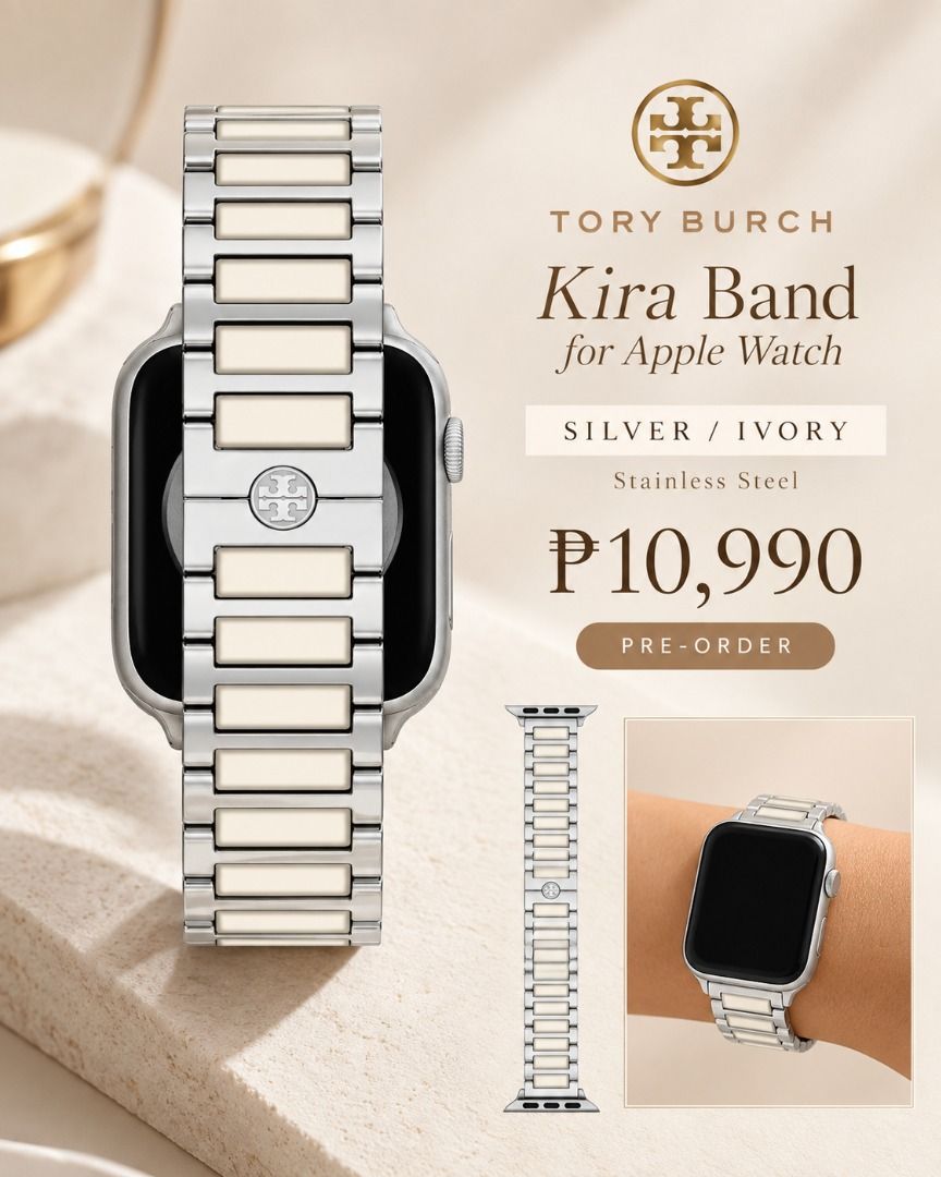 TORY BURCH Kira Band for Apple Watch (Category: Men's Watches) located in Quezon City. Submitted by happyfactoryph (Listing ID 1464528985, Image 2). Description: ✨ TORY BURCH Kira Band for Apple Watch ✨ Now available for PRE-ORDER 🤍 A timeless Tory Burch accessory for your Apple Watch, available in four classic colors: 🤍 Silver / Ivory Stainless Steel — ₱10,990 🖤 Black — ₱9,990 🤎 Brown — ₱9,990 💙 Navy — ₱9,990 ⌚ Compatible with Apple Watch S
