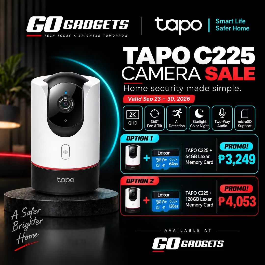 TP-Link Tapo C225 Smart Wi-Fi Security Camera (Category: Security Systems & CCTV Cameras) located in Caloocan City. Submitted by kentsalvador31 (Listing ID 1464519011, Image 2). Description: Mga ka-Gadget, 3 araw na lang at matatapos na ang ating special bundle promo para sa flagship indoor camera — ang TP-Link Tapo C225 Pan/Tilt AI Smart Security Camera! Valid hanggang September 30, 2026 lang kaya habol na bago mahabutan ng katapusan ng promo o 