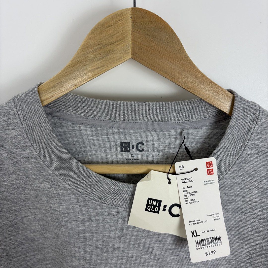 Uniqlo :C Oversized Grey Sweatshirt (Category: Coats, Jackets and Outerwear) located in Calamba. Submitted by 2muchclothes_ (Listing ID 1464423172, Image 3). Description: Measurements Size: XL Width: 26 Length: 28.5 Shoulder: 23.5 Sleeve: 23.