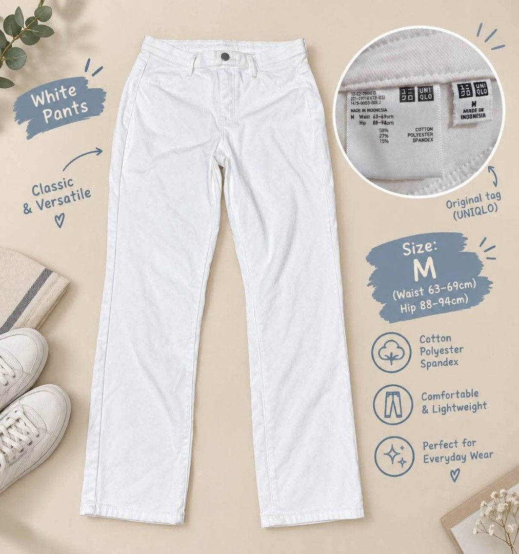 UNIQLO White Pants Size M (Category: Jeans) located in Manila. Submitted by dizonnixni94357 (Listing ID 1464402662, Image 1). Description: - Classic and versatile white pants from UNIQLO. - Comfortable fabric blend: Cotton, Polyester, Spandex. - Lightweight and ideal for everyday wear. - Size: Waist 63-69cm, Hip 88-94cm. - Original tag included..