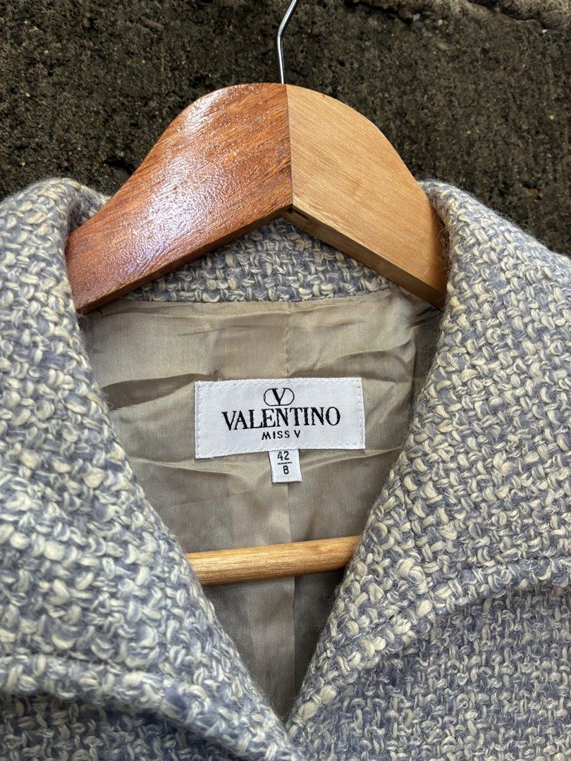 Valentino Miss V Tweed Jacket (Category: Coats, Jackets and Outerwear) located in Manila. Submitted by assortedgoodsv3 (Listing ID 1464460635, Image 3). Description: - Valentino Miss V Jacket - Material: Tweed (light grey & blue mix) - Features: Button front, four pockets - Interior: Fully lined - Origin: Made in Italy - Size: 42.