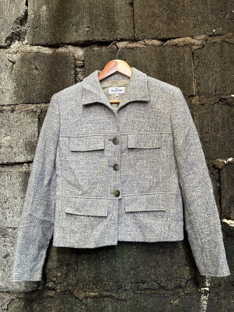 Valentino Miss V Tweed Jacket (Category: Coats, Jackets and Outerwear) located in Manila. Submitted by assortedgoodsv3 (Listing ID 1464460635, Image 2). Description: - Valentino Miss V Jacket - Material: Tweed (light grey & blue mix) - Features: Button front, four pockets - Interior: Fully lined - Origin: Made in Italy - Size: 42.