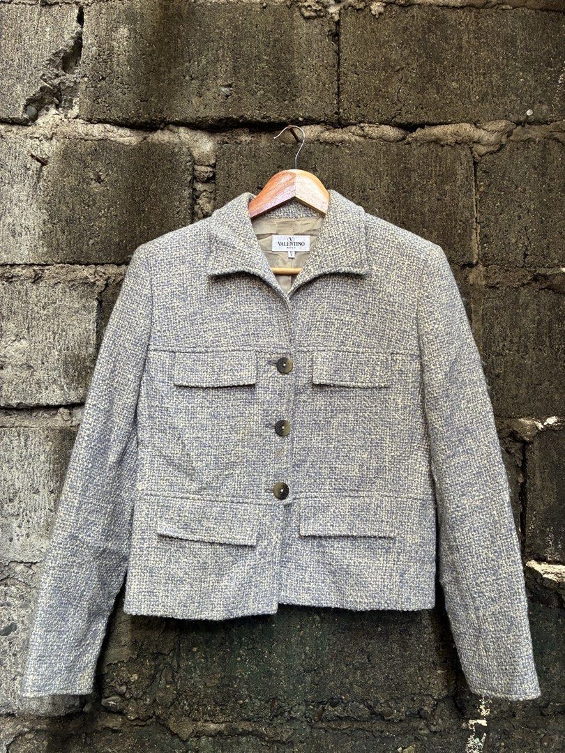 Valentino Miss V Tweed Jacket (Category: Coats, Jackets and Outerwear) located in Manila. Submitted by assortedgoodsv3 (Listing ID 1464460635, Image 1). Description: - Valentino Miss V Jacket - Material: Tweed (light grey & blue mix) - Features: Button front, four pockets - Interior: Fully lined - Origin: Made in Italy - Size: 42.