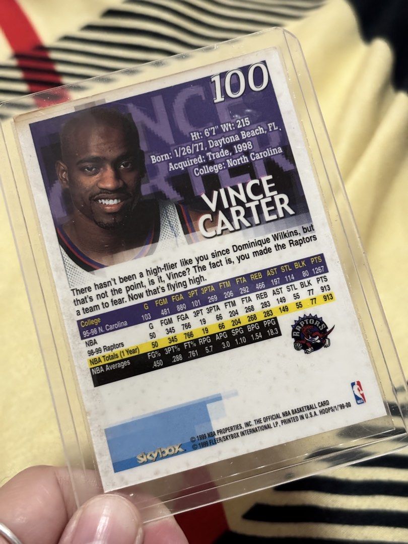 Vince Carter #100 (Category: Raw Singles) located in Rizal. Submitted by mzreas (Listing ID 1464363849, Image 2). Description: 1999-00 SkyBox NBA Hoops #100 Vince Carter Card Details Player: Vince Carter (Toronto Raptors Forward/Guard) Manufacturer / Set: SkyBox / NBA Hoops Card Number: #100 Subset Feature: Sophomore Sensations logo visible on the card.