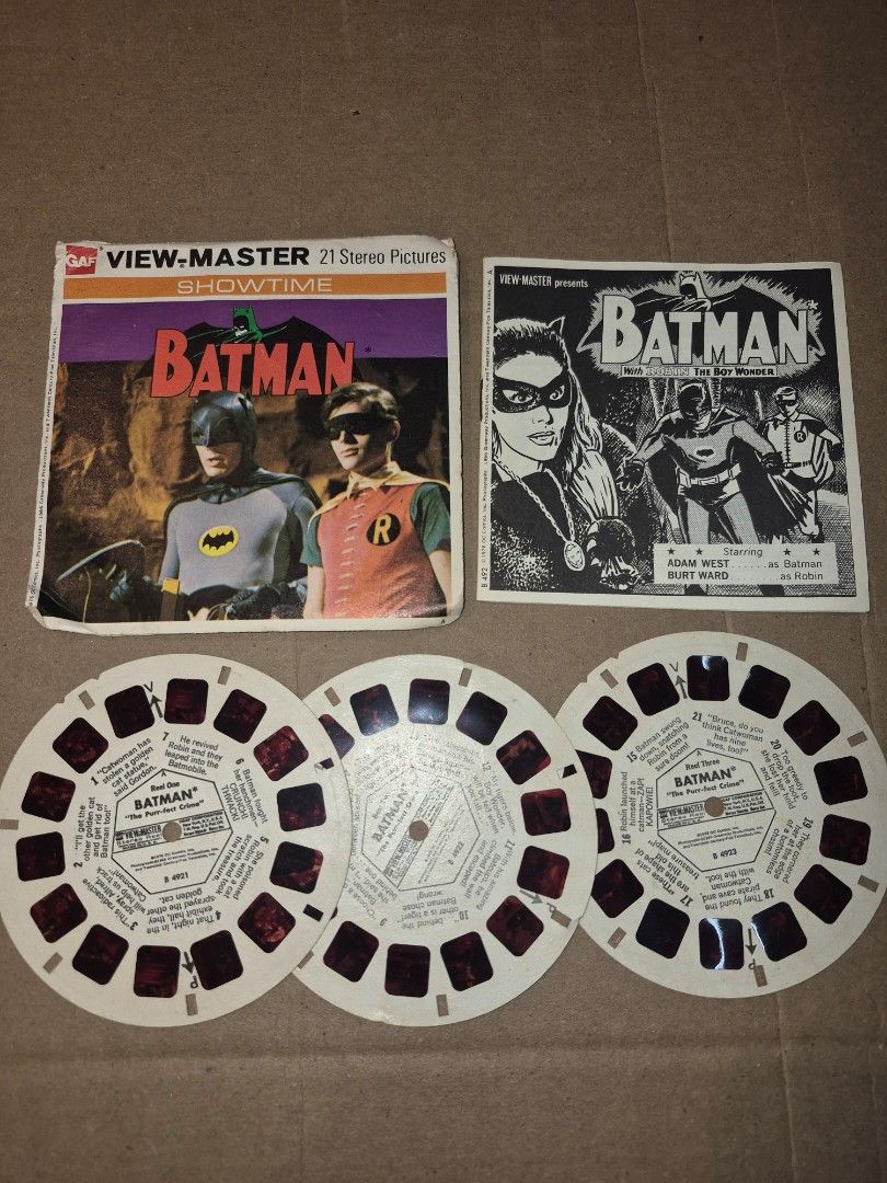 Vintage Batman Adam West 3D Viewmaster reels complete set (Category: Vintage Collectibles) located in Manila. Submitted by retrotoycollections (Listing ID 1464361831, Image 1). Description: tested working full set of 3 reels, story booklet and cover.