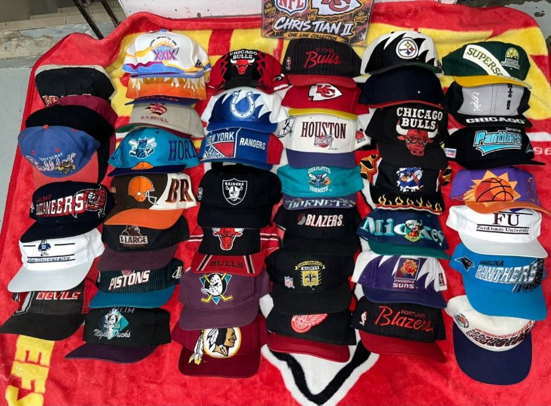 Vintage caps (Category: Caps & Hats) located in Quezon City. Submitted by embonjesselle (Listing ID 1464484981, Image 1). Description: - Collection of vintage snapback caps available. - Features popular teams like Chicago Bulls, Houston Rockets, and more. - Includes caps from NBA, NFL, and NHL leagues. - Ideal for collectors and fans of retro headwear. - Various designs to choose from; please check photos. - Own a piece of sports and pop culture 