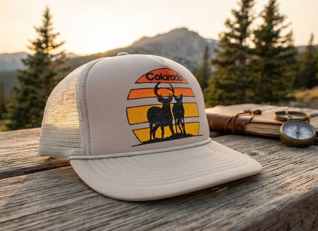 Vintage Colorado Sunset Deer Trucker Hat (Category: Caps & Hats) located in Binangonan. Submitted by yuristalin888 (Listing ID 1464565850, Image 1). Description: Embrace the vintage aesthetic with this classic **Nissin Cap** trucker hat. Featuring a nostalgic front graphic of two deer silhouetted against a warm Colorado sunset, this hat blends retro charm with outdoor style. * **Design:** Bold front print showcasing "Colorado" in retro typography
