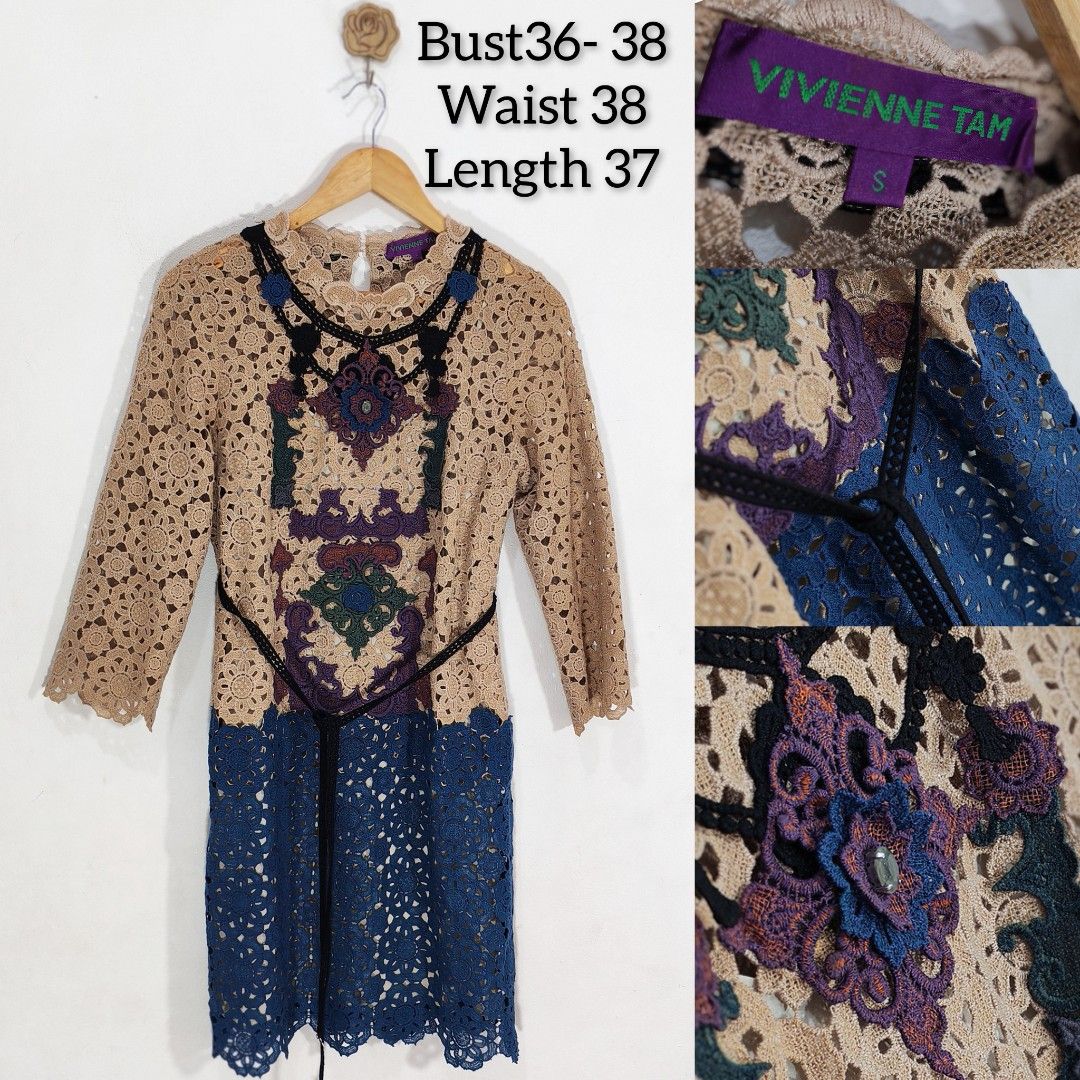 Vivienne Tam Embroidered Laced (Category: Dresses) located in Marikina City. Submitted by Essential.Gallery_ (Listing ID 1464415393, Image 1). Description: - Vivienne Tam Embroidered laced - Unique colorful geometric pattern - Tan and blue colorway - Belted waist for a flattering fit - Three-quarter sleeves - Measurements: Bust 36-38", Waist 38", Length 37".