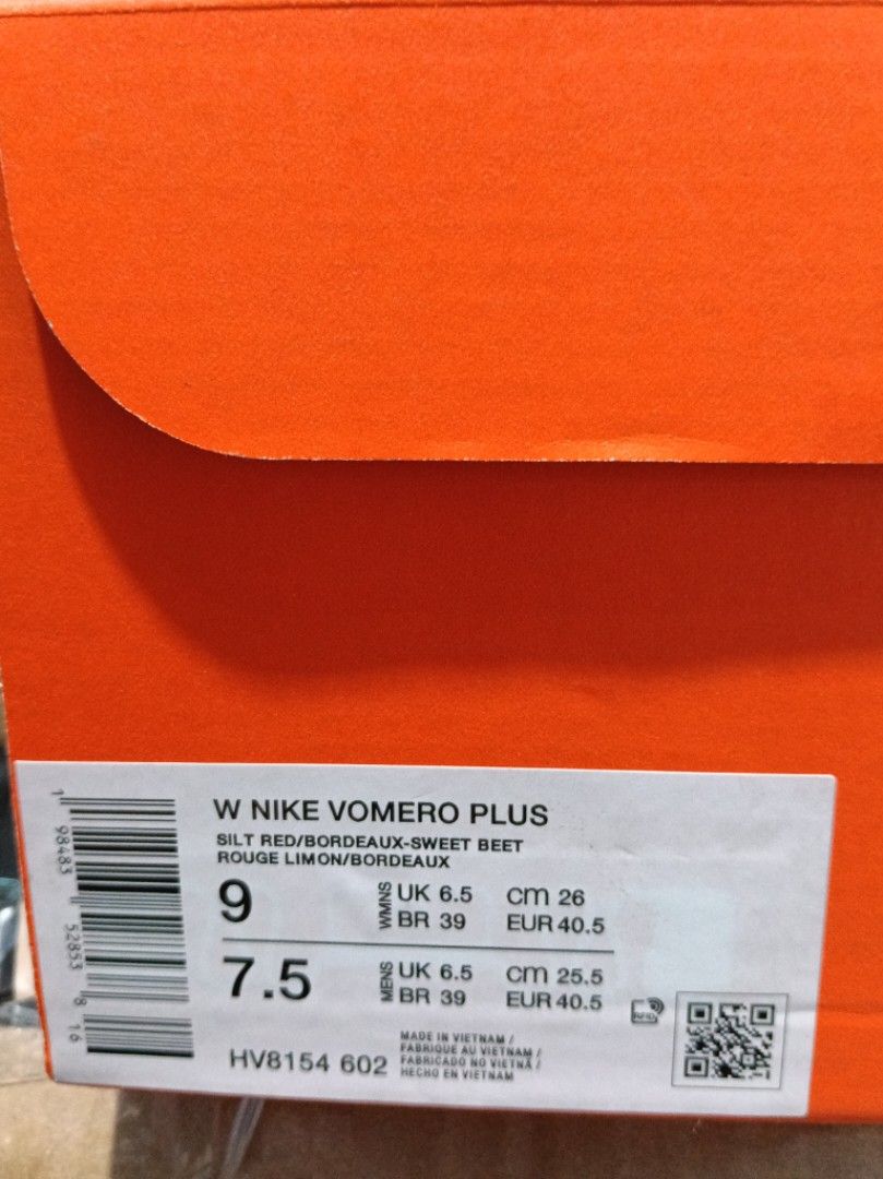 Vomero plus (Category: Activewear) located in Cavite. Submitted by purplepink30 (Listing ID 1464392539, Image 3). Description: Model: Nike Vomero Plus Colorway: Silt Red / Bordeaux / Sweet Beet / Rouge Limon Women’s size: US 9 Men’s equivalent: US 7.5 EU size: 40.5 Women’s foot length: 26 cm Men’s foot length: 25.5 cm Style/SKU: HV8154-602 Made in: Vietnam.